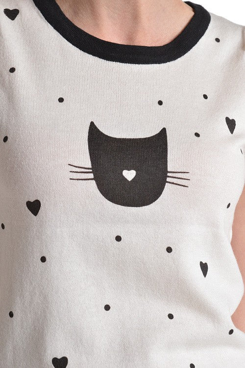 Kitty Cat Face Short Sleeve Sweater Top