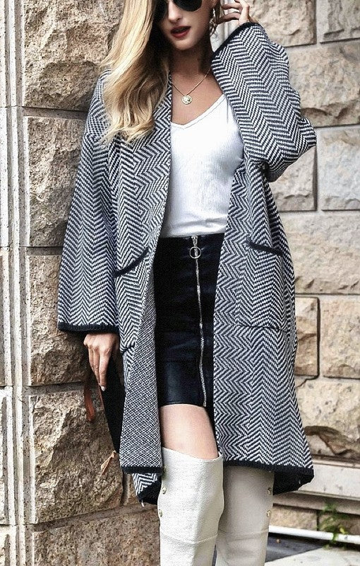 Black Frenchy Herringbone Pattern Open Front Cardigan - - The Queens Hanger Boutique -