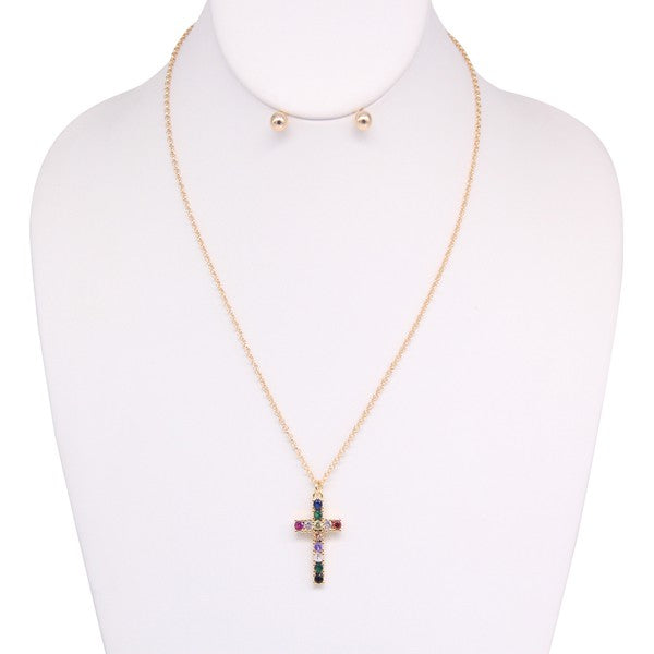 CROSS RHINESTONE NECKLACE EARRING SET - - The Queens Hanger Boutique -