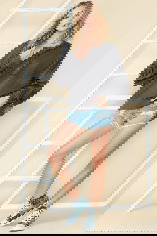 Cotton Slouchy Henley Sweatshirt - - The Queens Hanger Boutique -