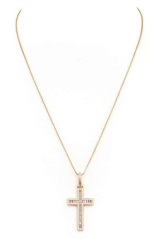 Cross Baguette CZ Pendant Necklace - - The Queens Hanger Boutique -