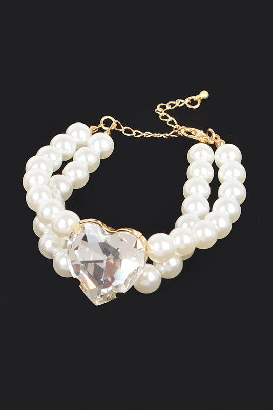 Crystal Heart Layered Pearl Bracelet - - The Queens Hanger Boutique -