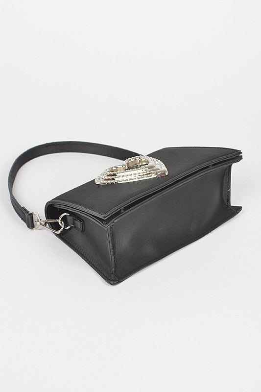 Crystal Heart Satin Top Handle Convertible Clutch - - The Queens Hanger Boutique -