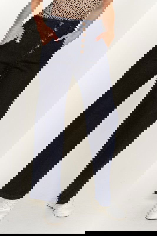 DENIM PLUS SIZE HIGH WAISTED BUTTON WIDE LEG JEANS - - The Queens Hanger Boutique -