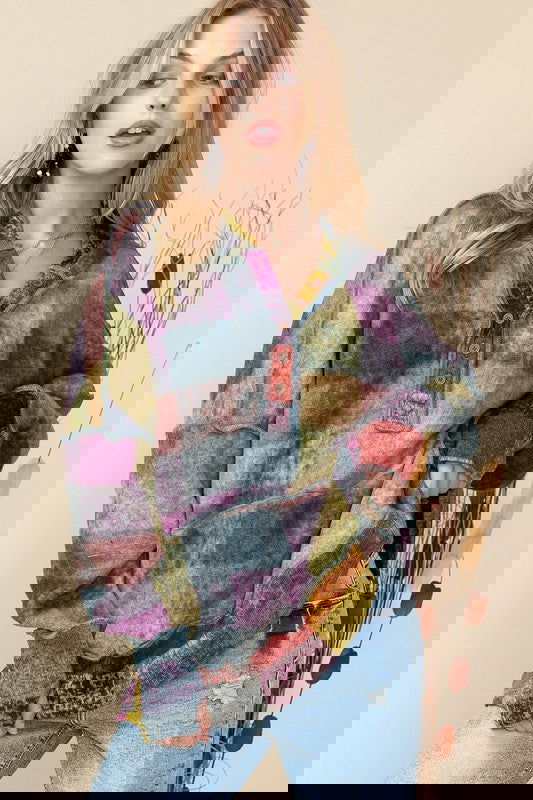 Fall Classic Plus Size Red Green Mustard Plaid Inside-out Hood Tunic - - The Queens Hanger Boutique -