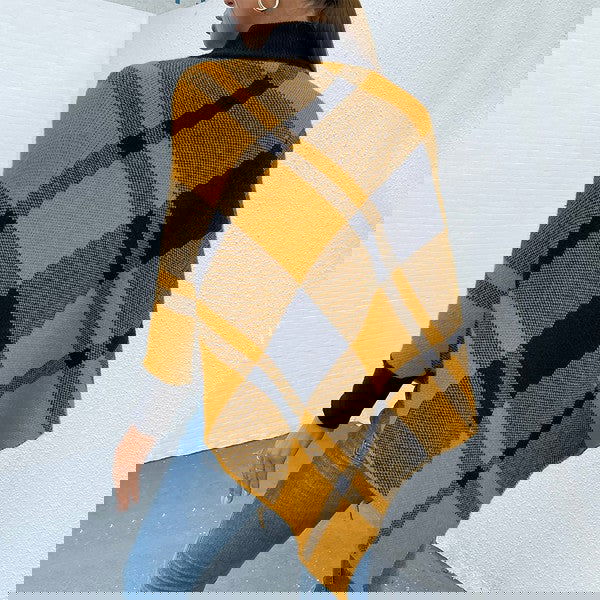 Fall Favorite Yellow Mock Neck Plaid Knit Poncho - - The Queens Hanger Boutique -