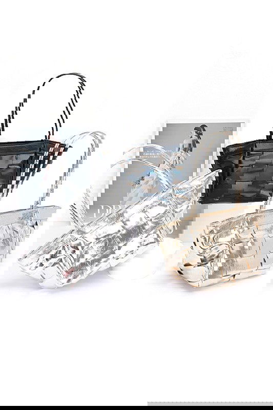 Metallic Faux Leather Weaved Small Tote Bag - - The Queens Hanger Boutique -