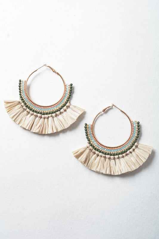 Natural Bead and Raffia Fan Hoop Earrings - - The Queens Hanger Boutique -
