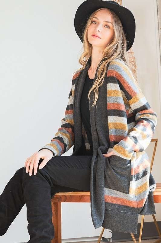 PLUS SIZE MULTI COLOR STRIPE CARDIGAN - - The Queens Hanger Boutique -