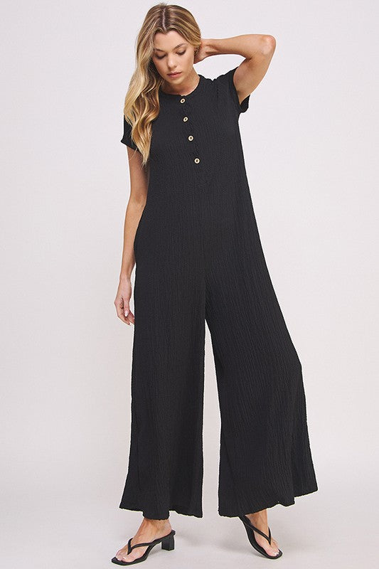 PLUS SIZE TEXTURED SHORT SLEEVE JUMPSUIT - - The Queens Hanger Boutique -