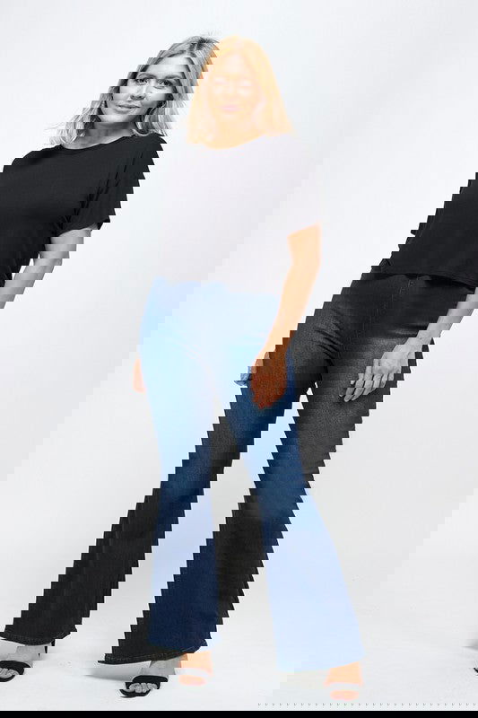 Plus Size Mid Rise Banded Wide Flare Jeans - - The Queens Hanger Boutique -