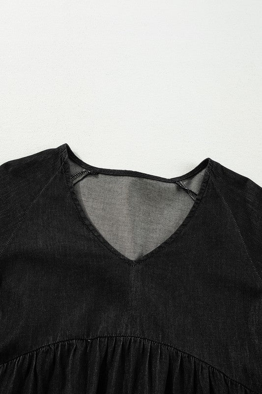 Puff Sleeve Tiered Ruffled Chambray Mini Dress - - The Queens Hanger Boutique -