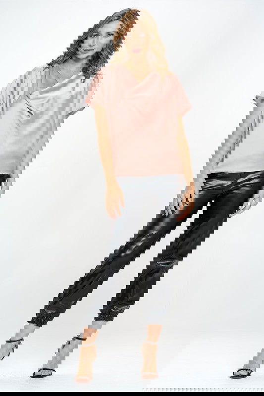 Satin Cowl Neck Short Sleeve Top Beige - The Queens Hanger Boutique