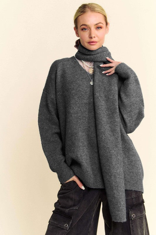 Gray V-Neck Dropped Shoulder Sweater with Scarf Set