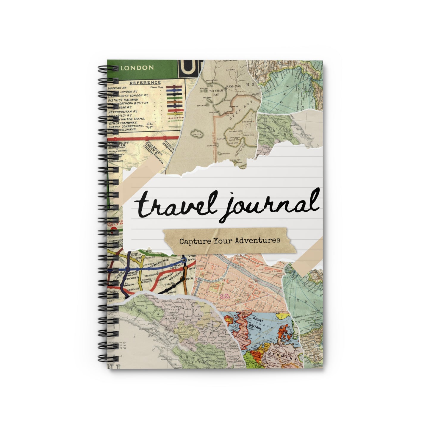 Vintage Map Travel Journal — Spiral Ruled Notebook with Collage Map Design