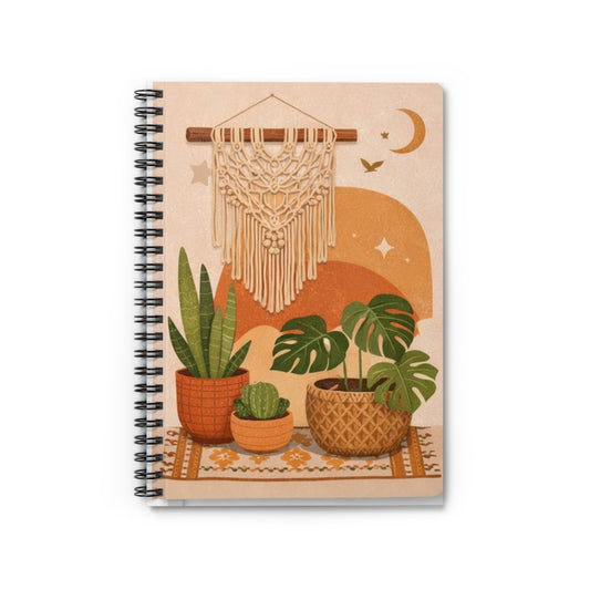 Boho Plant Notebook — Spiral Ruled Journal with Macramé & Moon Design