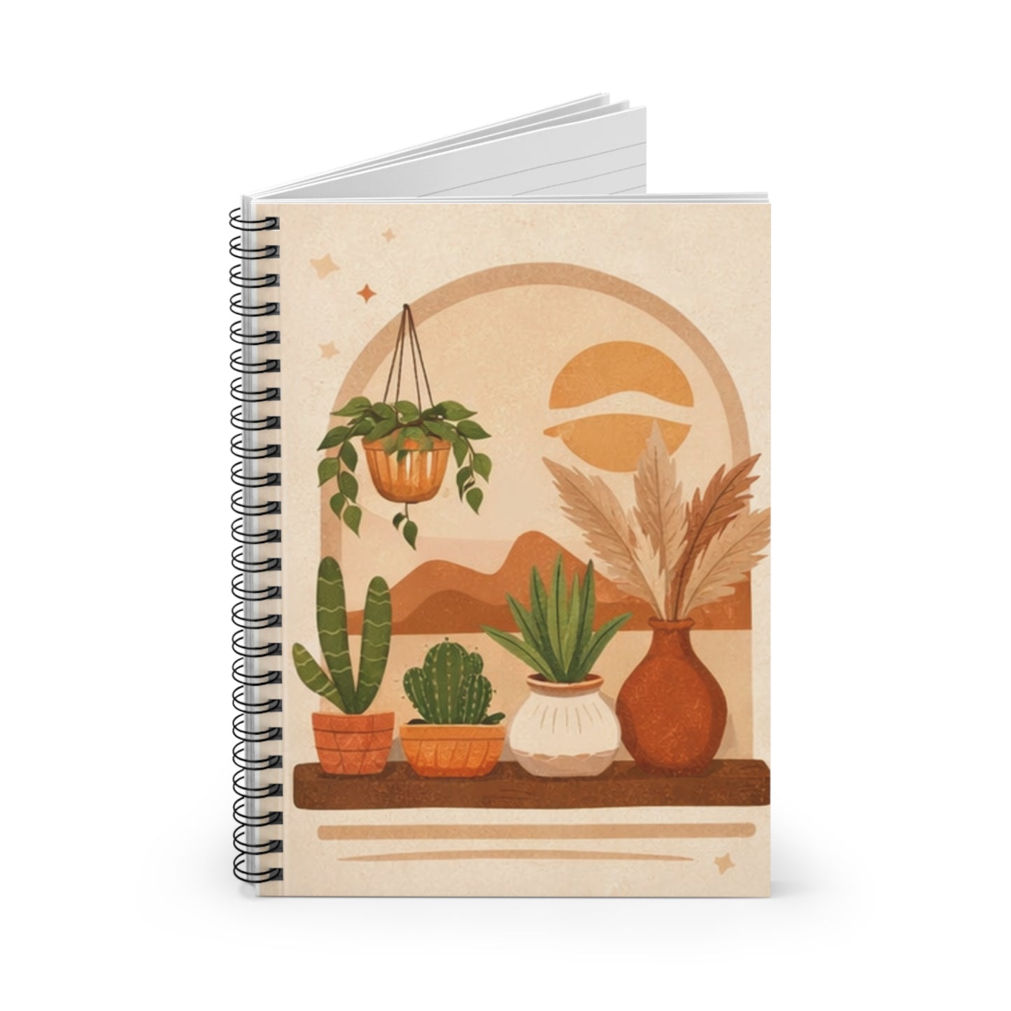 Boho Botanical Shelf Notebook — Spiral Ruled Journal with Sun Arch Illustration