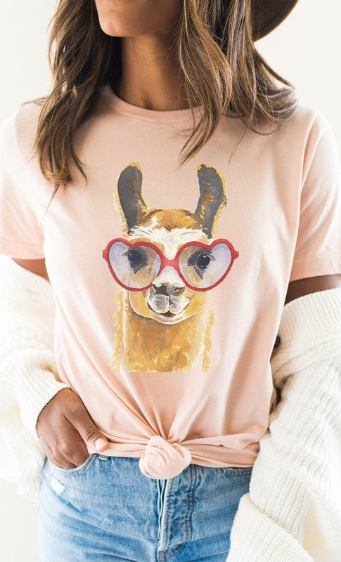 Watercolor Llama Heart Glasses Graphic Tee