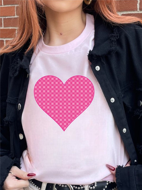 Pink Checkered Heart Crew Neck Tee