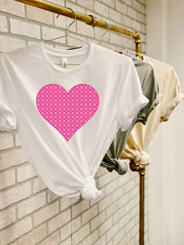 Pink Checkered Heart Crew Neck Tee