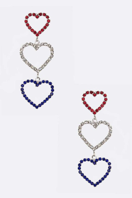 Patriot Color Rhinestone Heart Drop Earrings