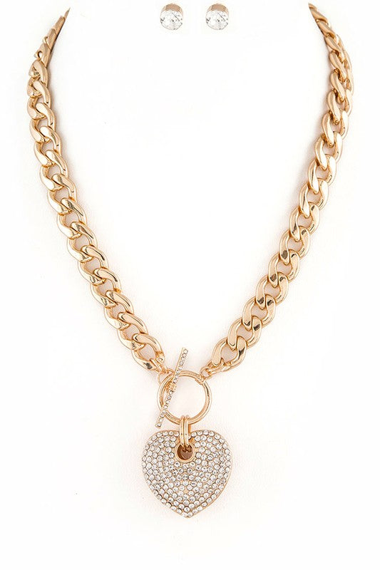 Pave Crystals Heart Pendant Necklace Set