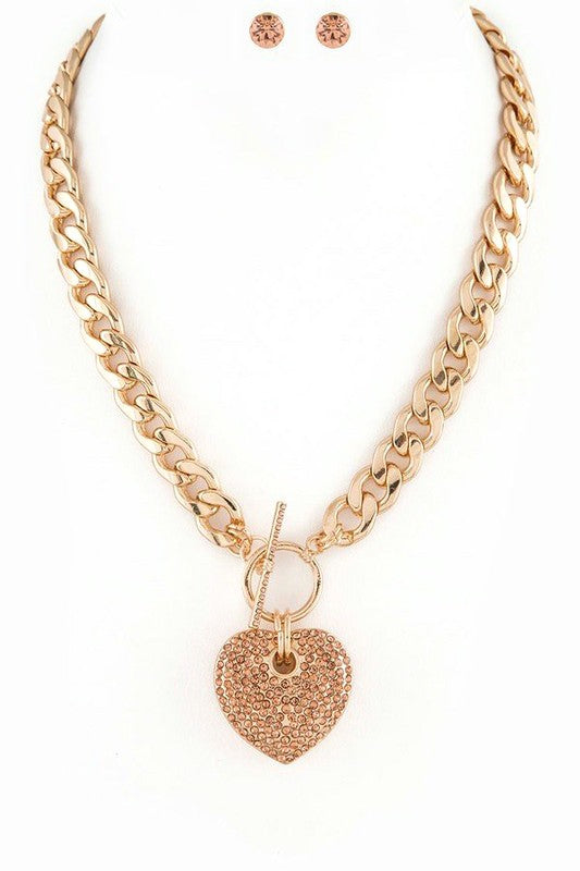 Pave Crystals Heart Pendant Necklace Set