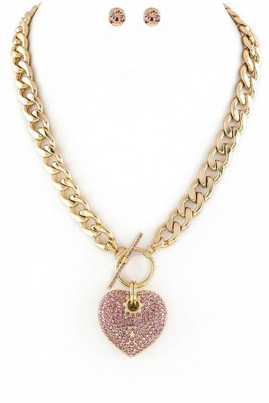 Pave Crystals Heart Pendant Necklace Set