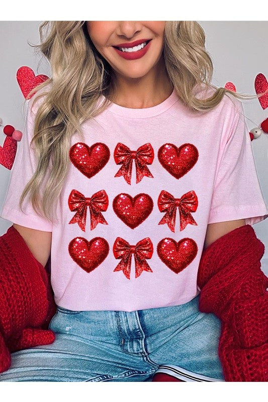 Faux Glitter Valentine Hearts & Bows Graphic Tee