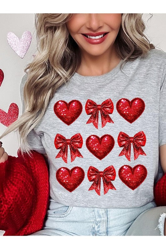 Faux Glitter Valentine Hearts & Bows Graphic Tee