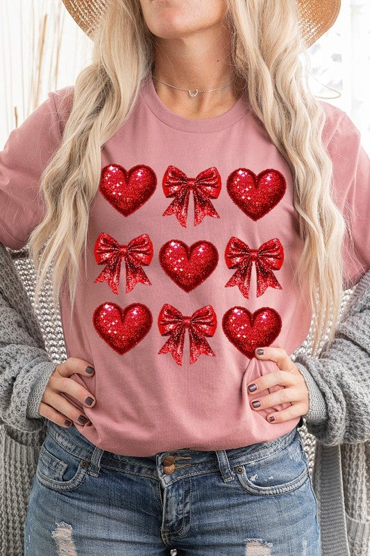 Faux Glitter Valentine Hearts & Bows Graphic Tee