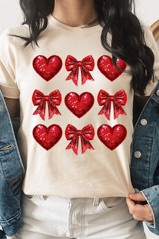 Faux Glitter Valentine Hearts & Bows Graphic Tee