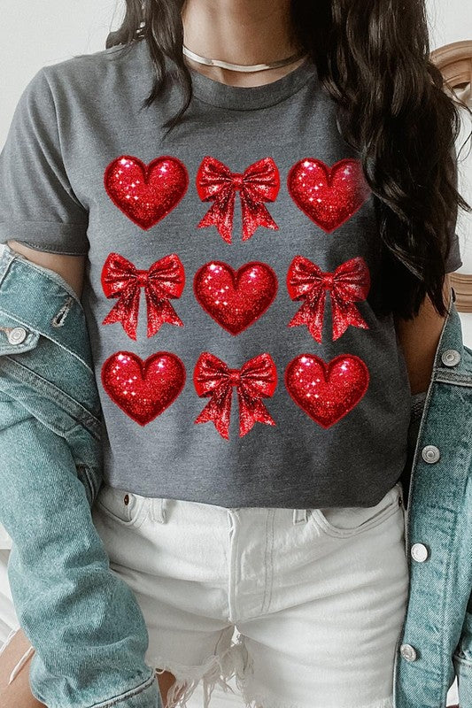 Faux Glitter Valentine Hearts & Bows Graphic Tee