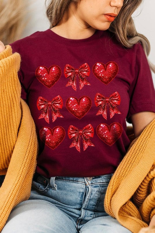 Faux Glitter Valentine Hearts & Bows Graphic Tee