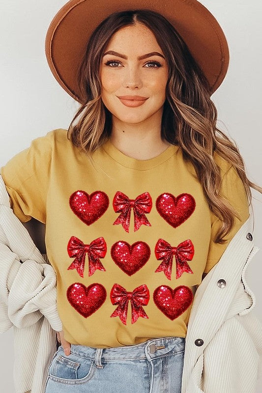 Faux Glitter Valentine Hearts & Bows Graphic Tee