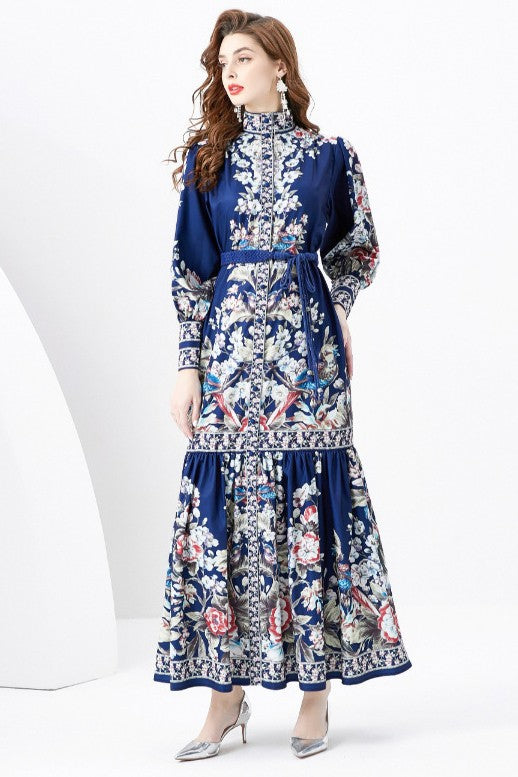 Navy Print Long Sleeve Maxi Dress