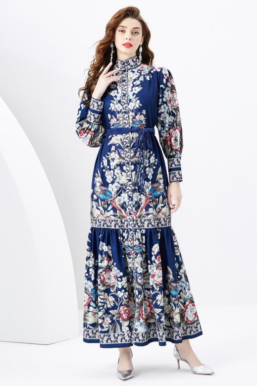 Navy Print Long Sleeve Maxi Dress