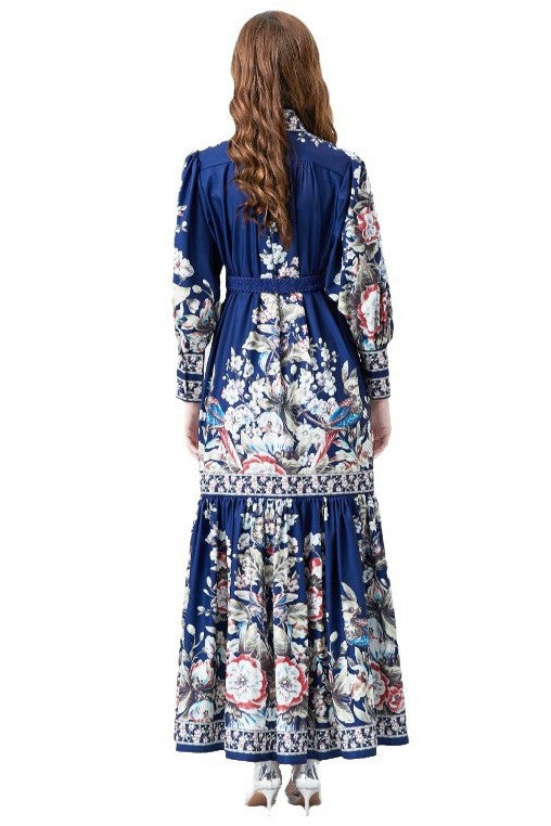 Navy Print Long Sleeve Maxi Dress