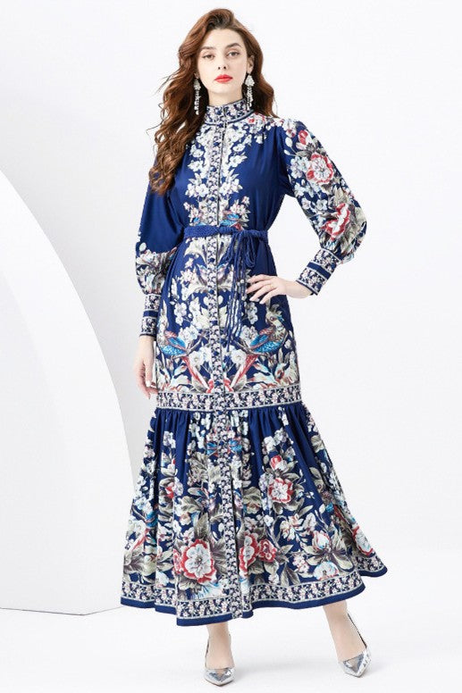 Navy Print Long Sleeve Maxi Dress