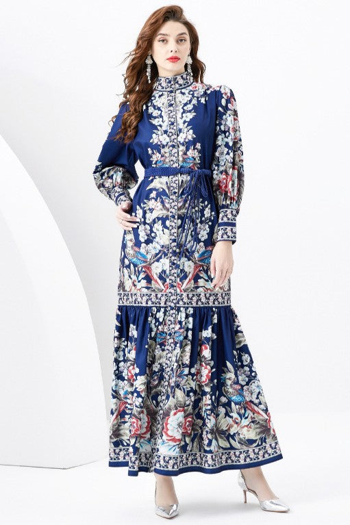 Navy Print Long Sleeve Maxi Dress