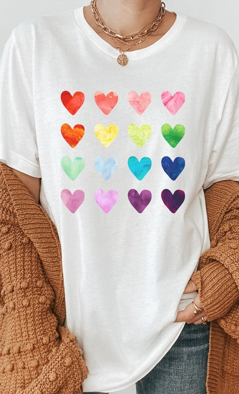 Watercolor Rainbow Heart Grid Graphic Tee