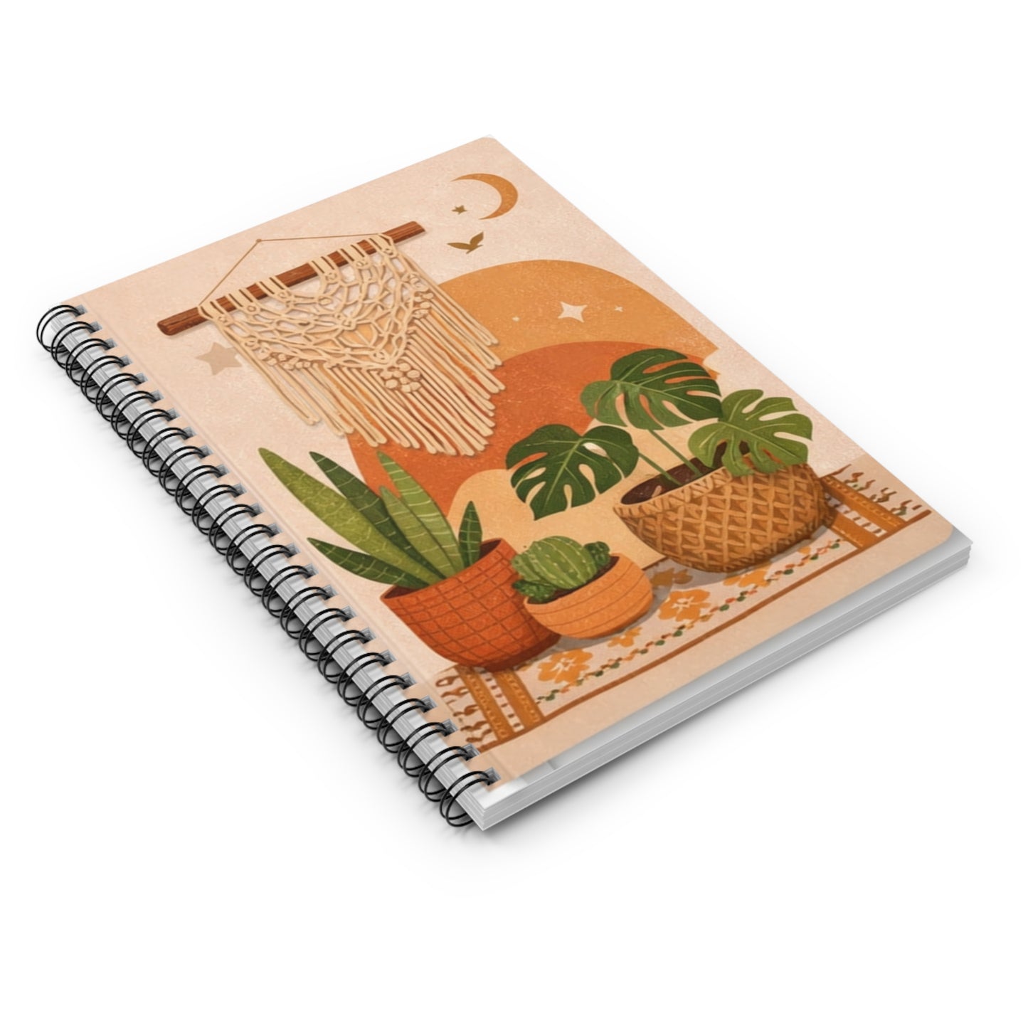 Boho Plant Notebook — Spiral Ruled Journal with Macramé & Moon Design