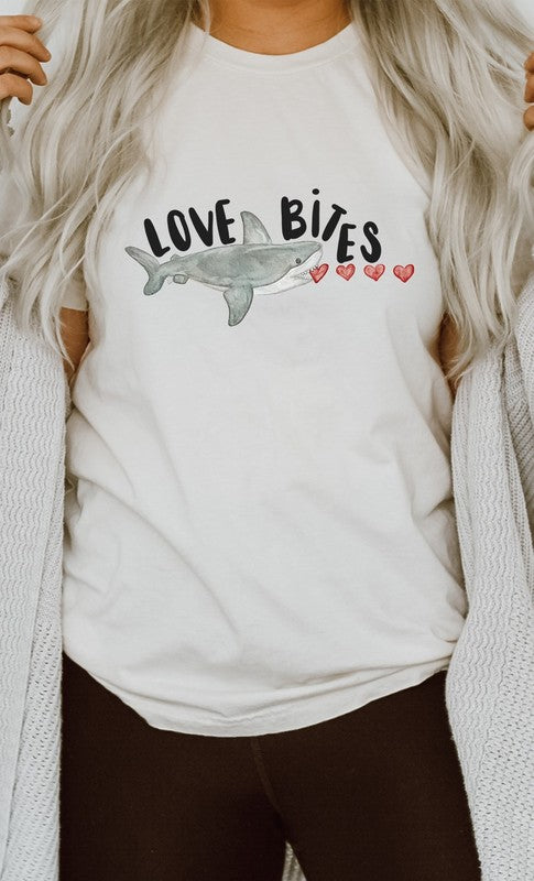 Love Bites Heart Eating Shark Graphic Tee