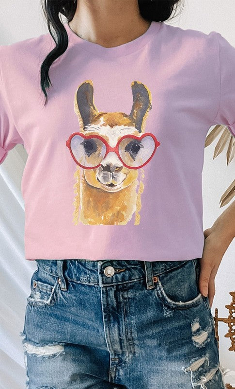 Watercolor Llama Heart Glasses Graphic Tee