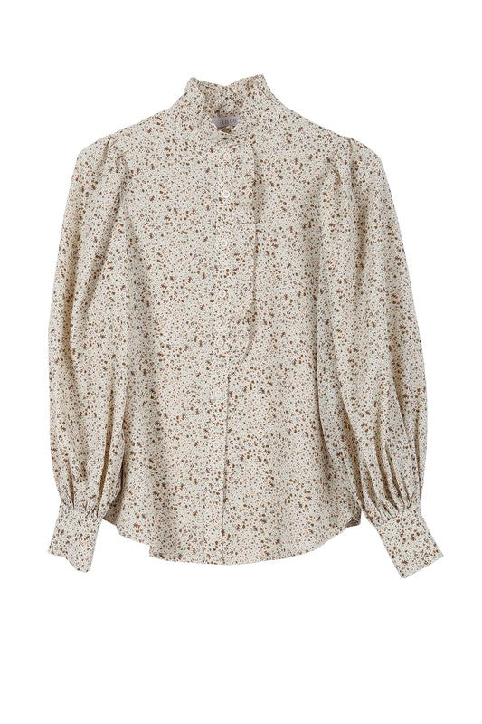 Stand collar floral frill blouse