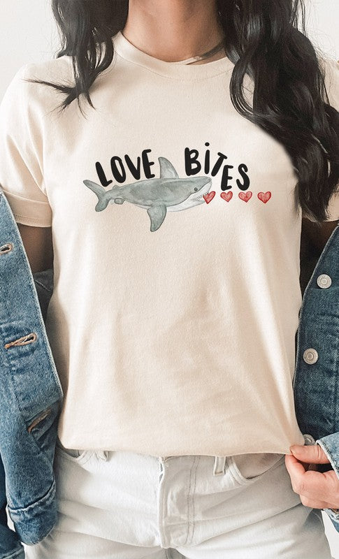 Love Bites Heart Eating Shark Graphic Tee