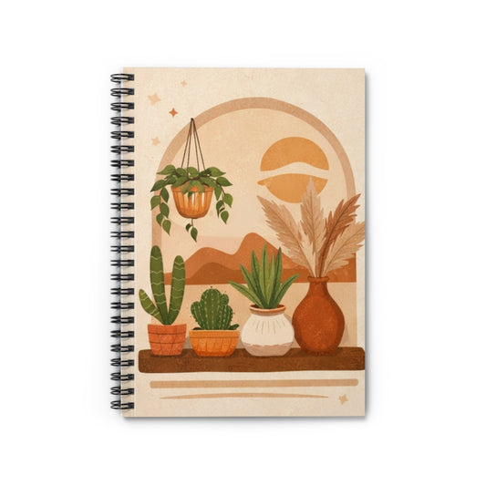 Boho Botanical Shelf Notebook — Spiral Ruled Journal with Sun Arch Illustration