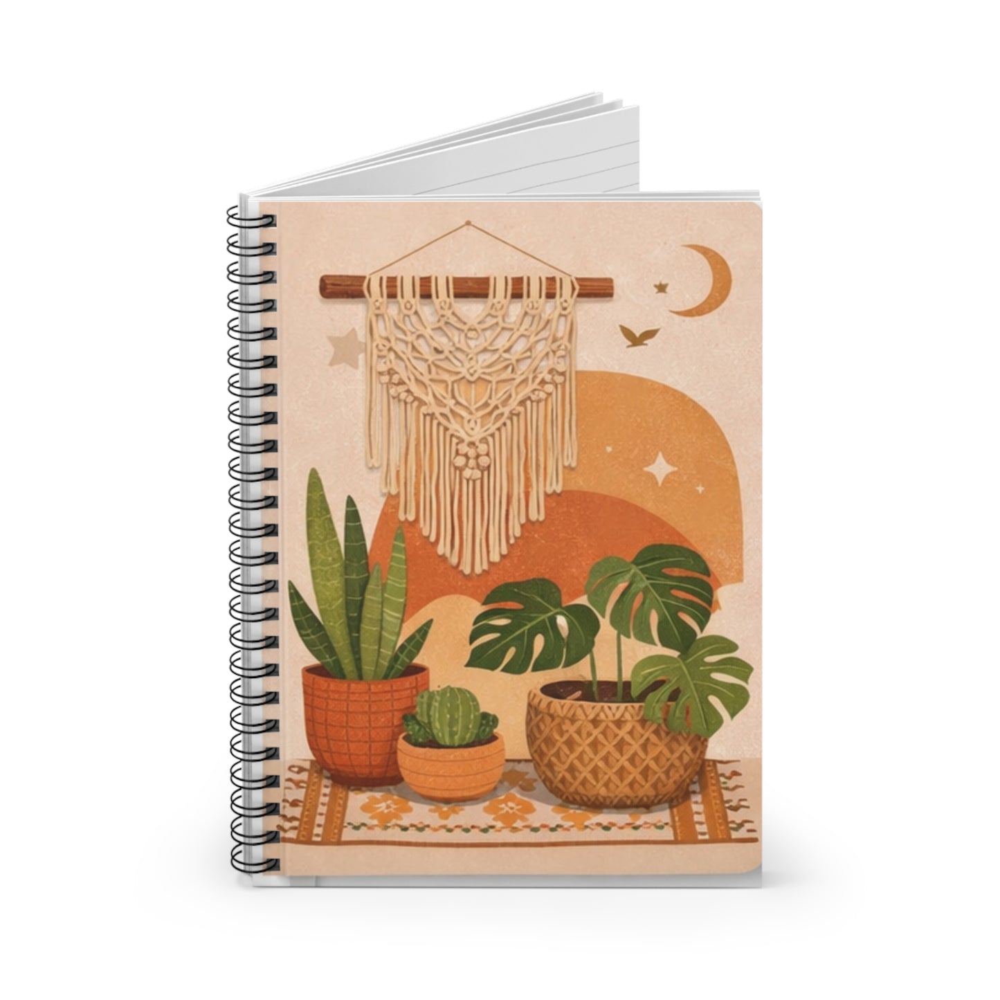 Boho Plant Notebook — Spiral Ruled Journal with Macramé & Moon Design