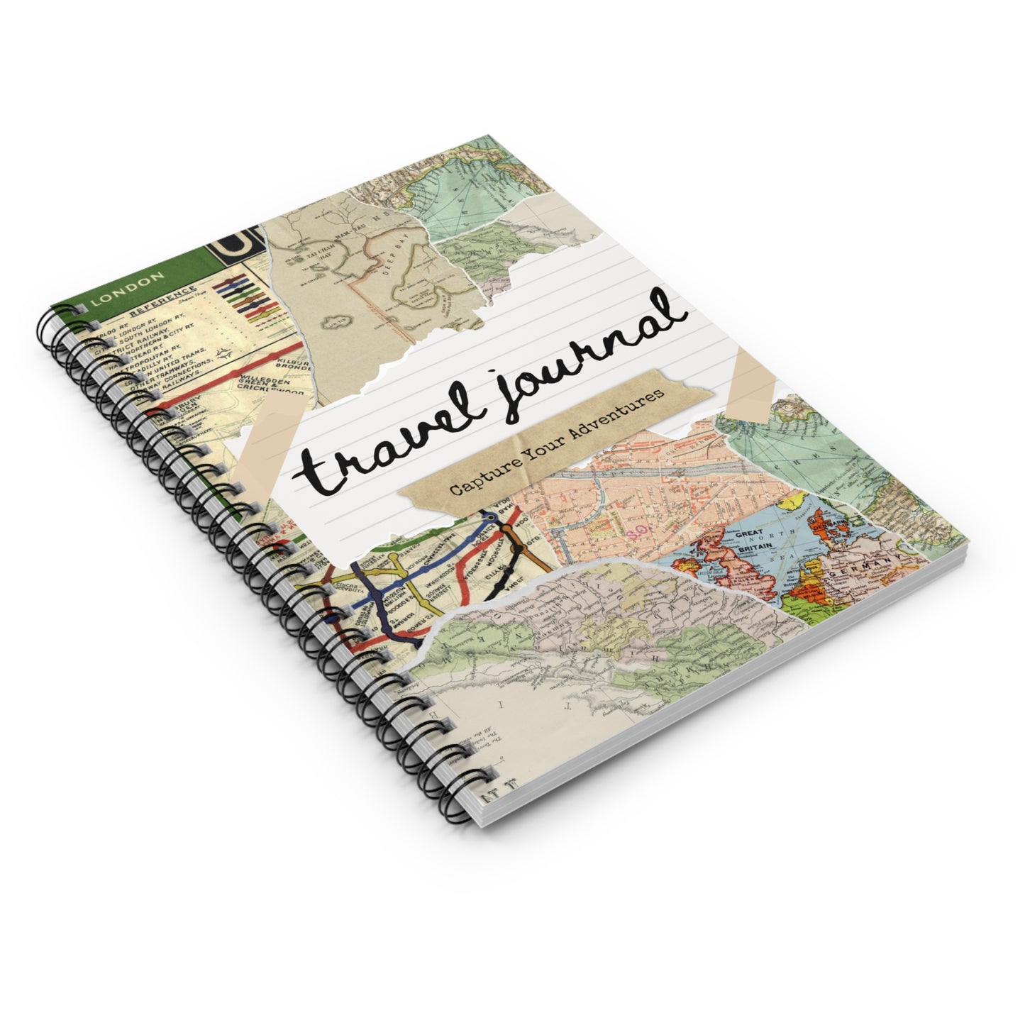Vintage Map Travel Journal — Spiral Ruled Notebook with Collage Map Design