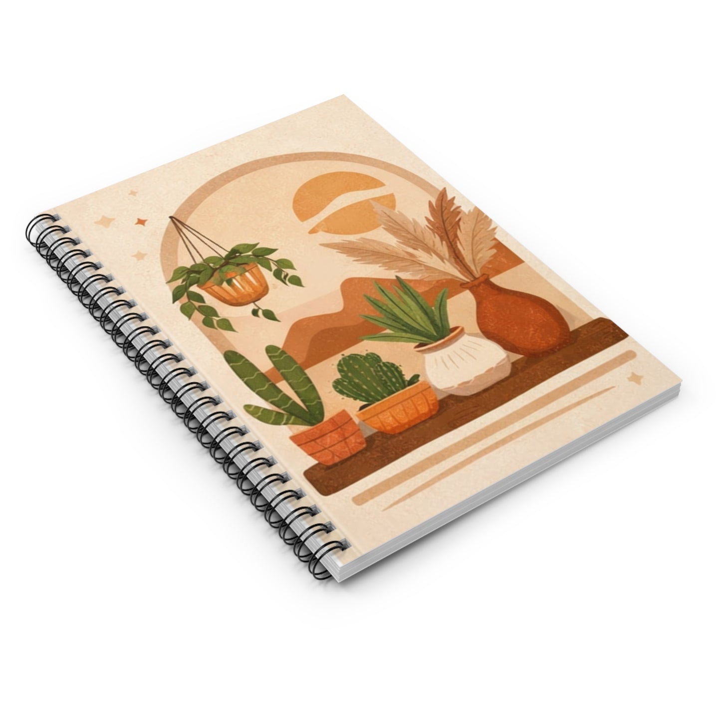 Boho Botanical Shelf Notebook — Spiral Ruled Journal with Sun Arch Illustration